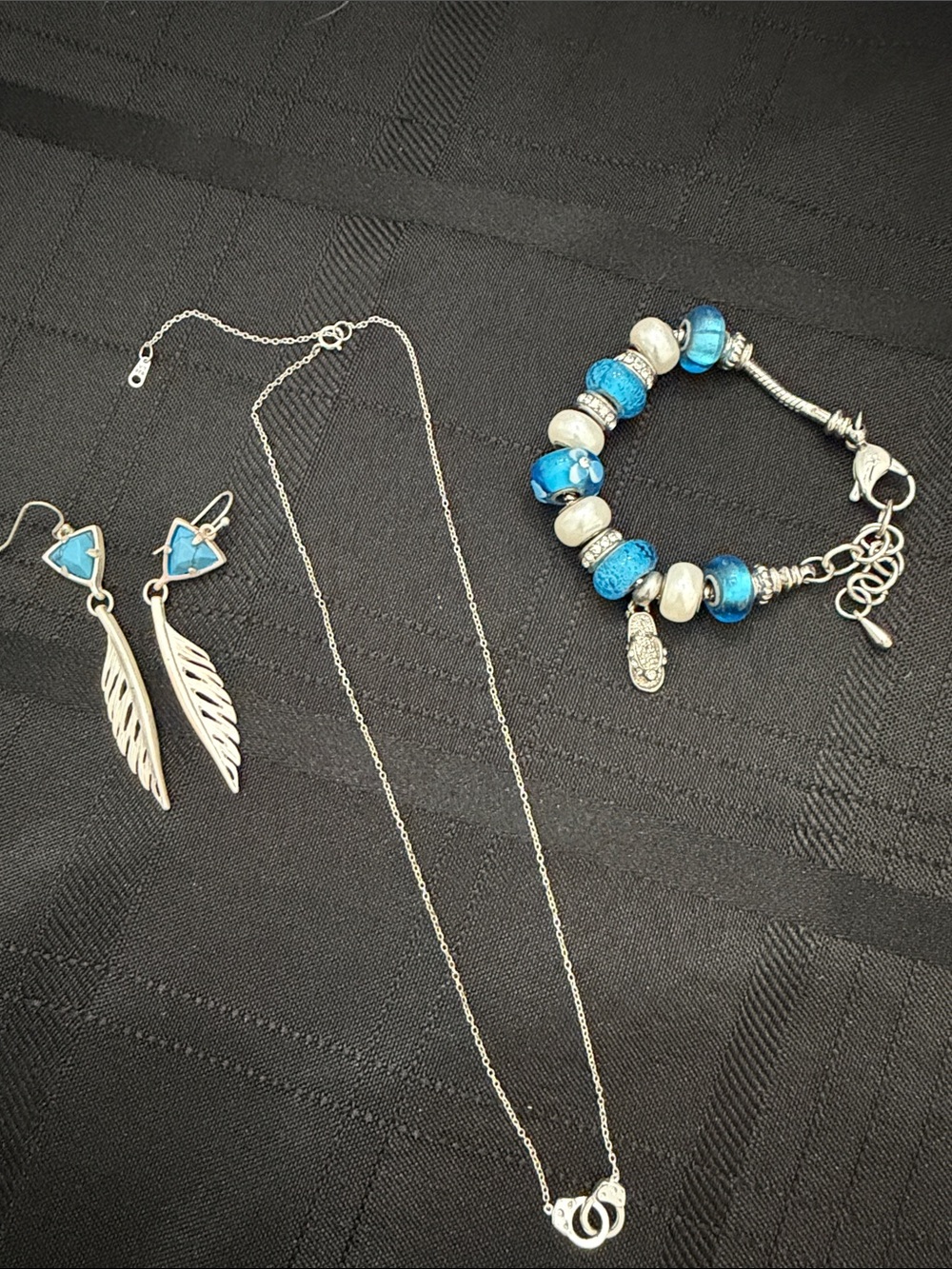 Silver Tone Blue Bead Charm Bracelet and Feather Earrings Set - Blue
